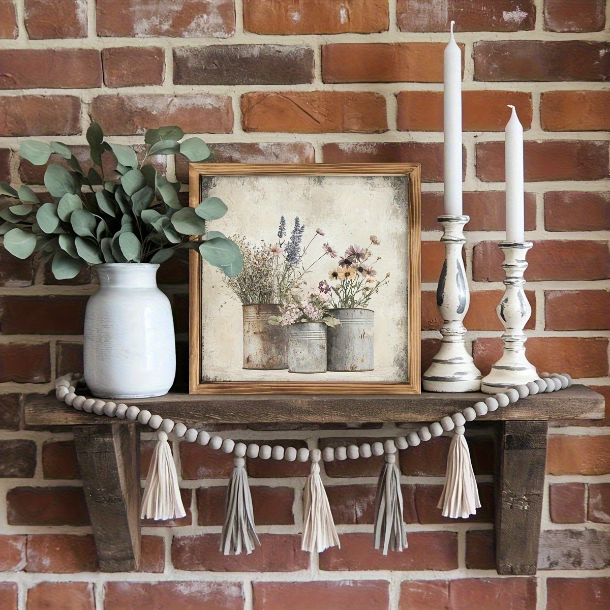 2D Vintage Dry Flower Wall Art Rustic Wood Frame Farmhouse Room Kitchen Decor
