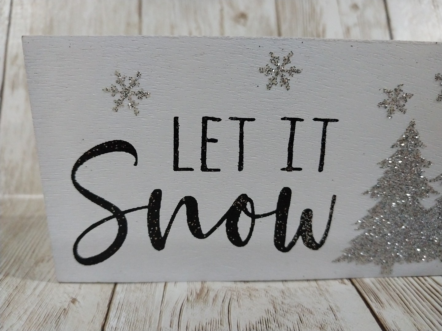 New! “Let It Snow” Snowflake Winter Christmas Wood Sign Decor Trees Tray Glitter