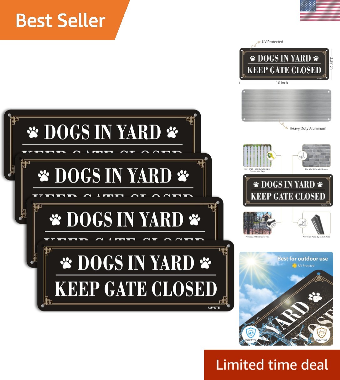 4 Pack Reflective Aluminum Signs: Dogs in Yard, Keep Gate Closed – 10×3.5 in