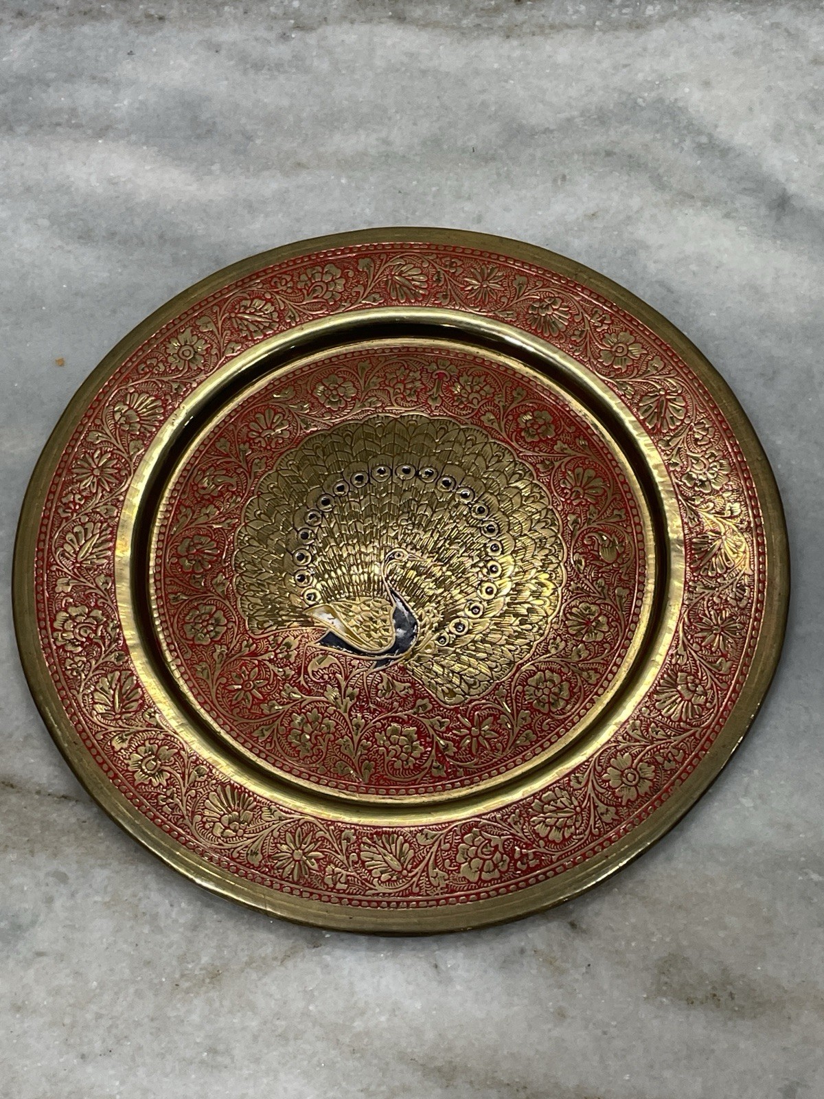Vintage Indian Brass Peacock Plate 7.5” Red Enamel Etched Wall Hanging Decor