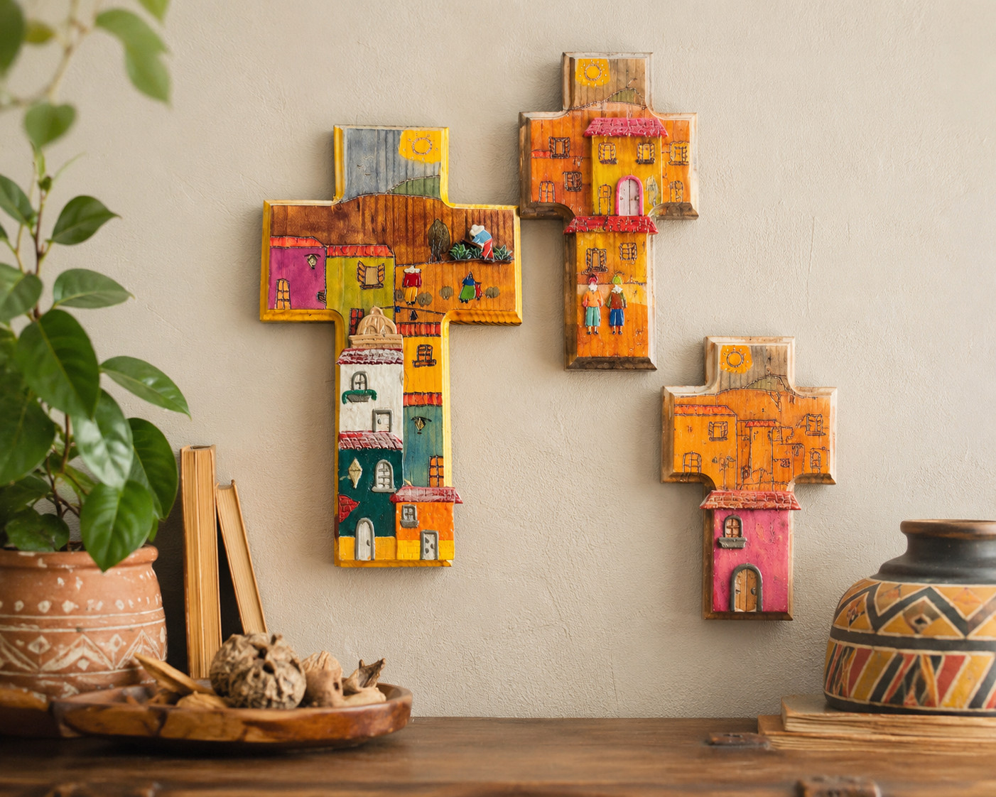 Handmade Peruvian Folk Art Wooden Cross Wall Hanging Set of 3 Village Scene