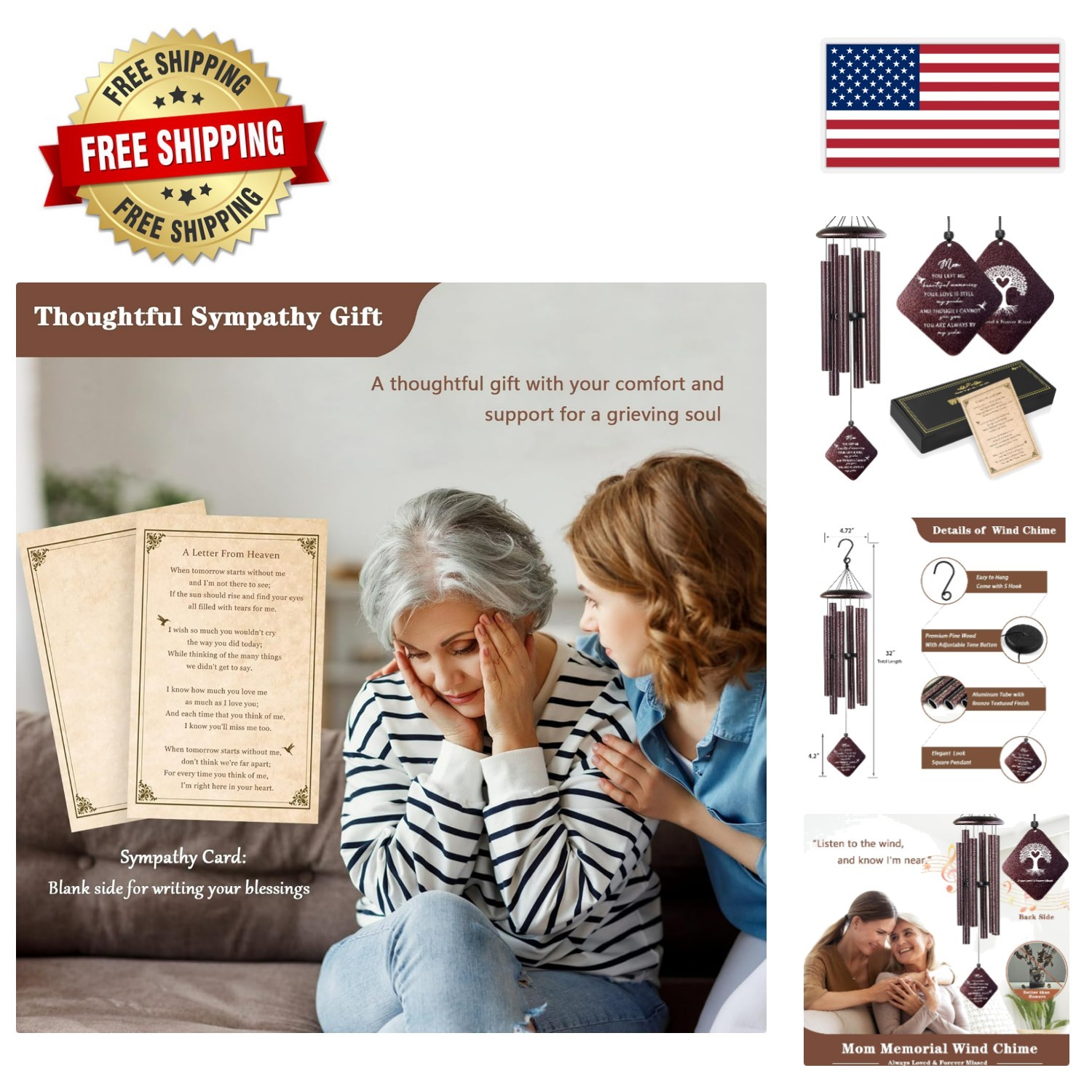 32″ Outdoor Bronze Memorial Wind Chimes with Sympathy Card – Lasting Tribute
