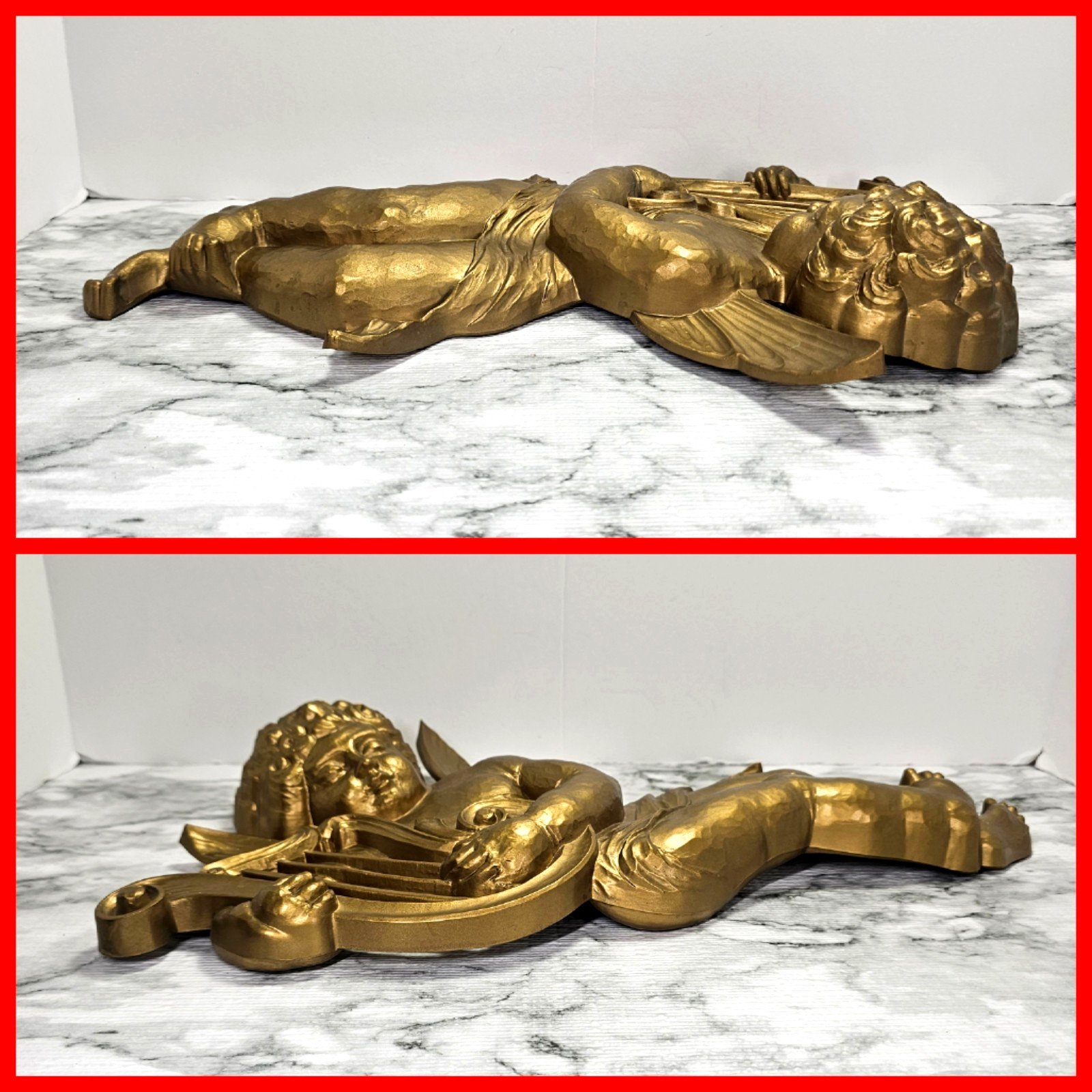 Pair 1963 LARGE Gold Musical Cherubs Angels Wall Plaques Dart 16″ Tall Vintage