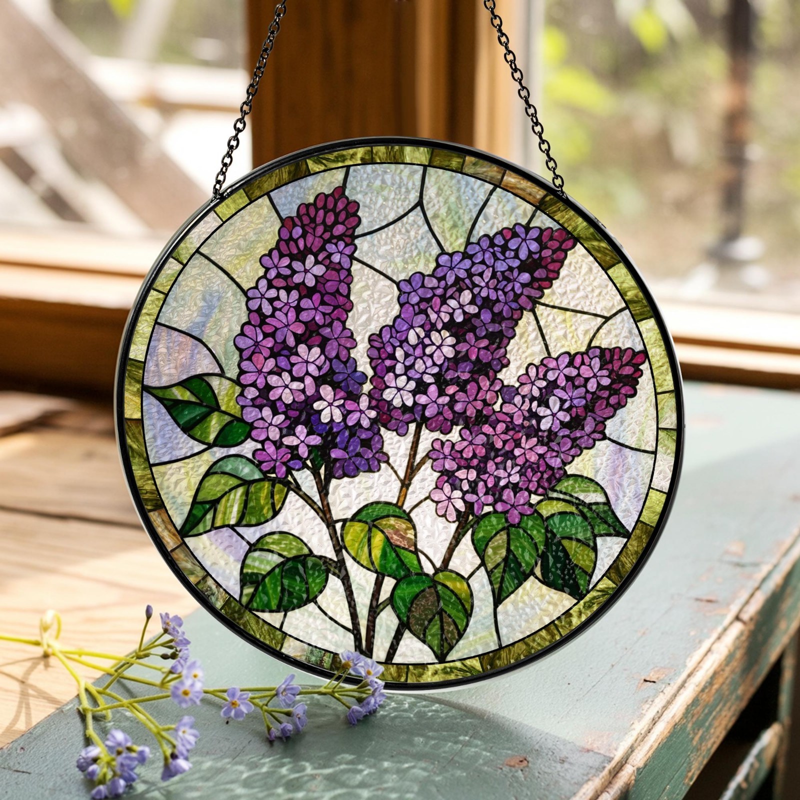 Purple Lilac Stained Glass Suncatcher: Floral Window Hanging