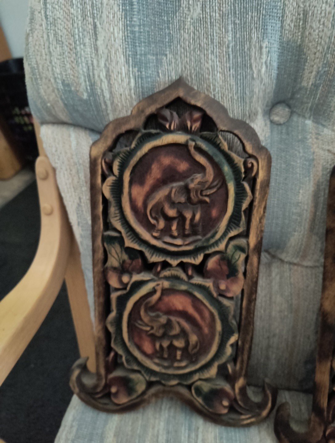 2- Wood Carved Elephant Hanging Wall Art Decor Plaque Made In Thailand