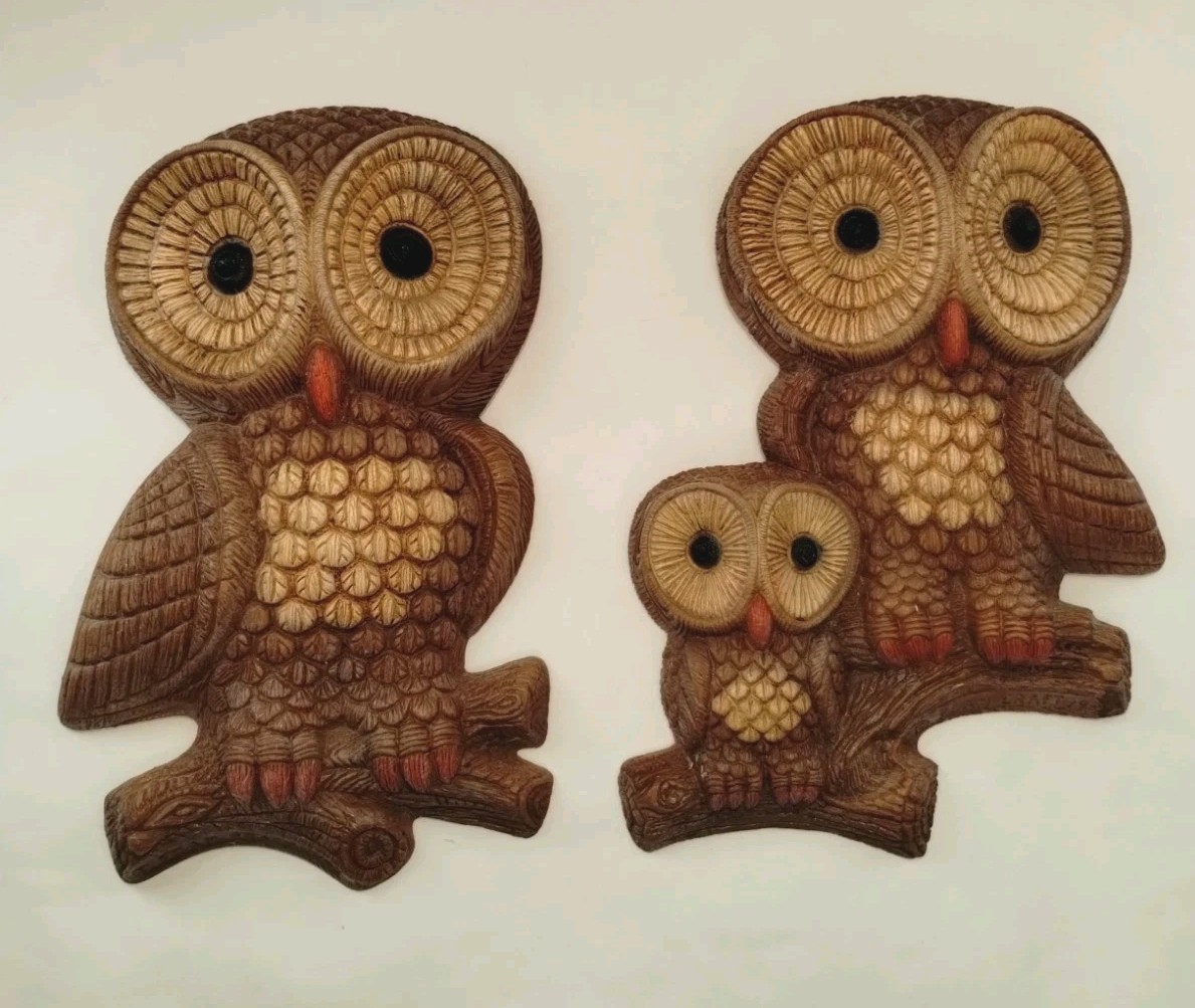Vtg 80s Foam Craft Owl Wall Plaques 2 PC SET MCM Retro Rustic Cottagecore Cabin