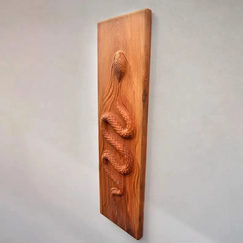 Engraved Wood Sculpture Large Size Snake Swims Wall Hanging Wooden Wall Art Sig