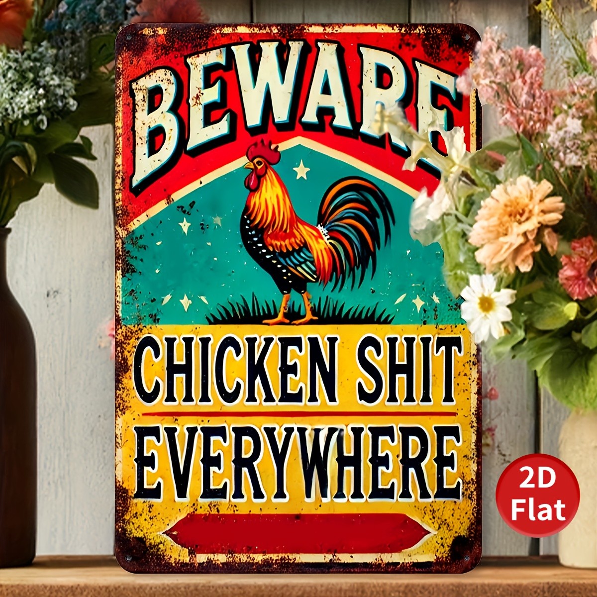 Beware Chicken S*** Everywhere Tin Sign Funny Rooster Metal Farmhouse Wall Decor