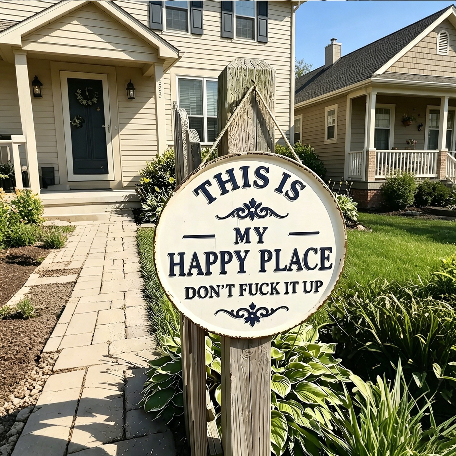 Vintage Round Metal Sign “This Is My Happy Place” Wall Hanging Plaque