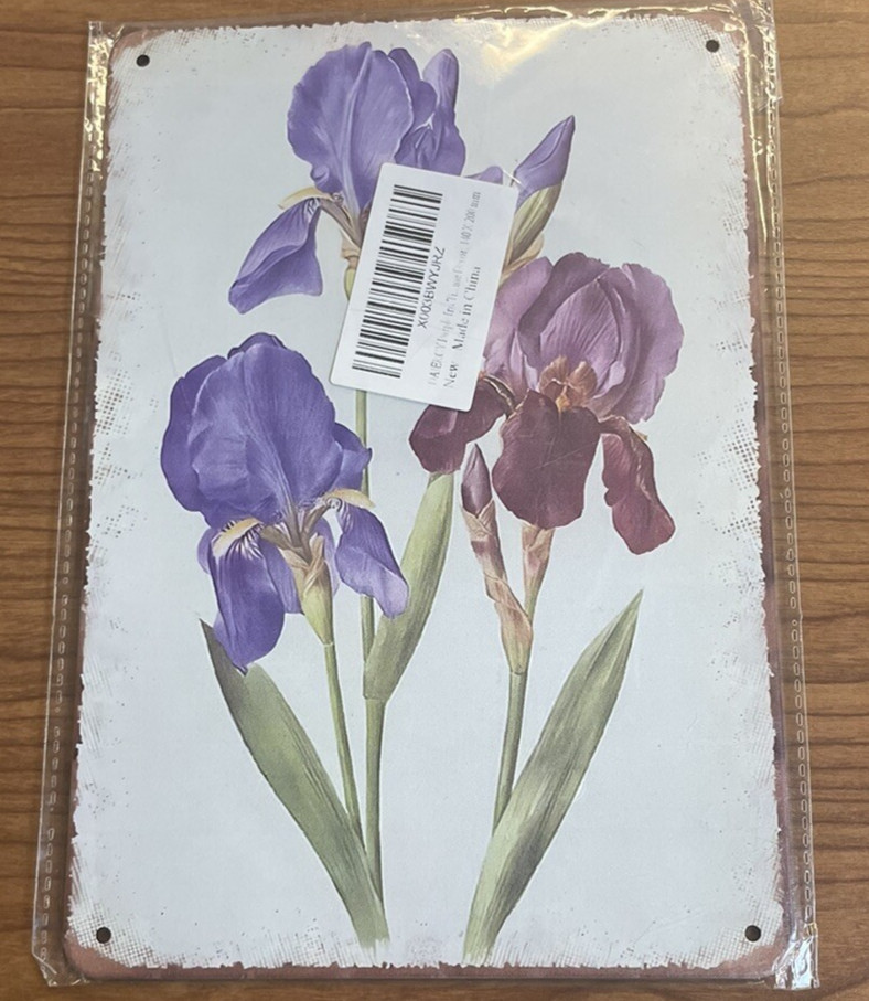VINTAGE STYLE METAL SIGN DECOR Floral Purple Iris 8” X 6” NEW IN PACKAGE