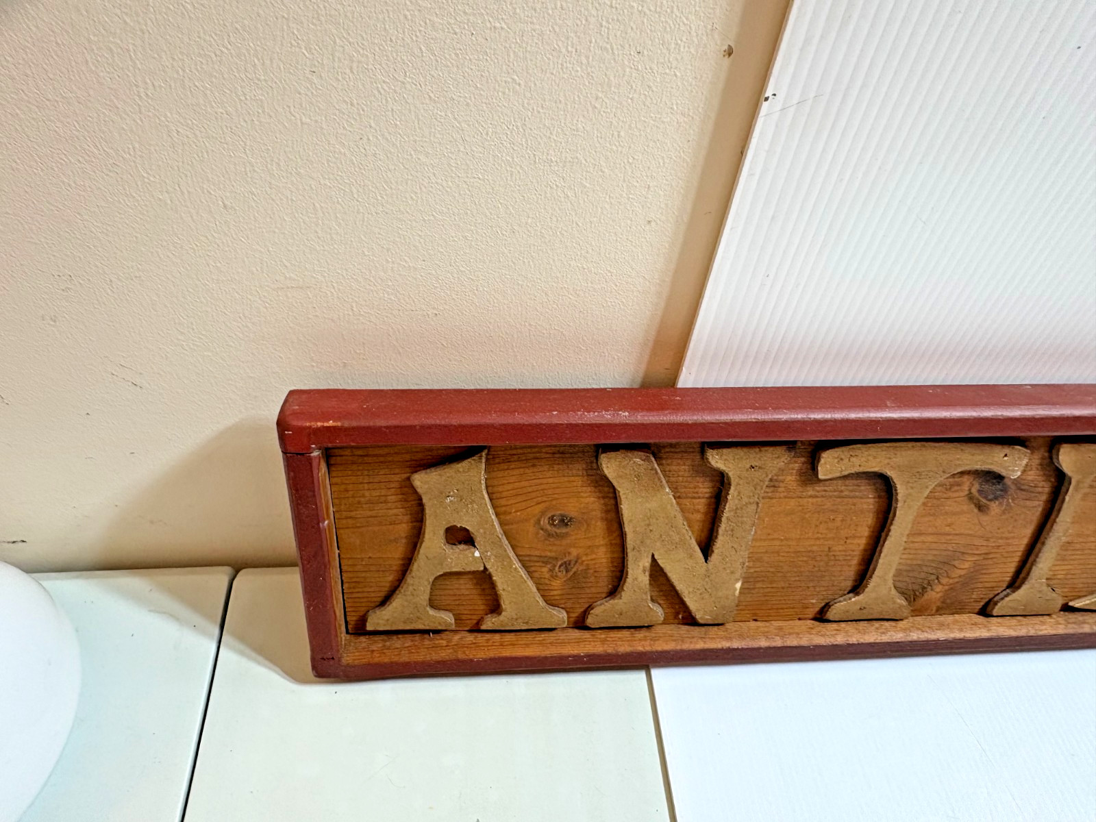 Vintage 39″ ANTIQUES Display Sign Carved Wood Red Border Folk Art Gold Letters