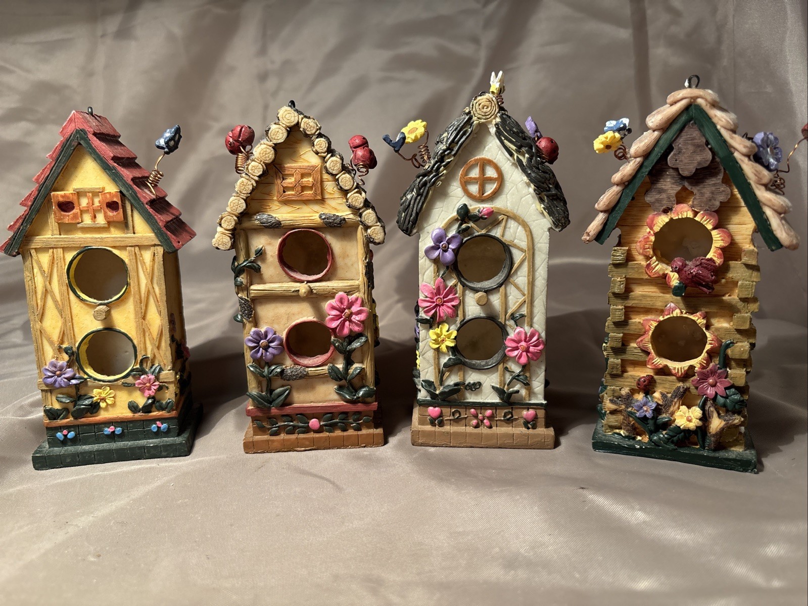 Vintage 4 Piece Resin Birdhouse Decor – Cottagecore Style Granny Multi Colored