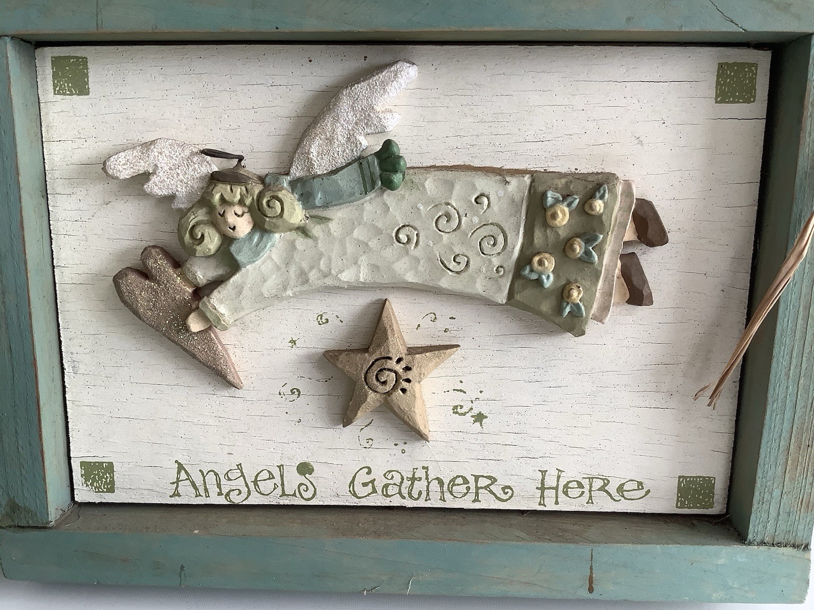 Angels Gather Here Wooden Wall Plaque Rustic Farmhouse Angel Sign 7×9.5”