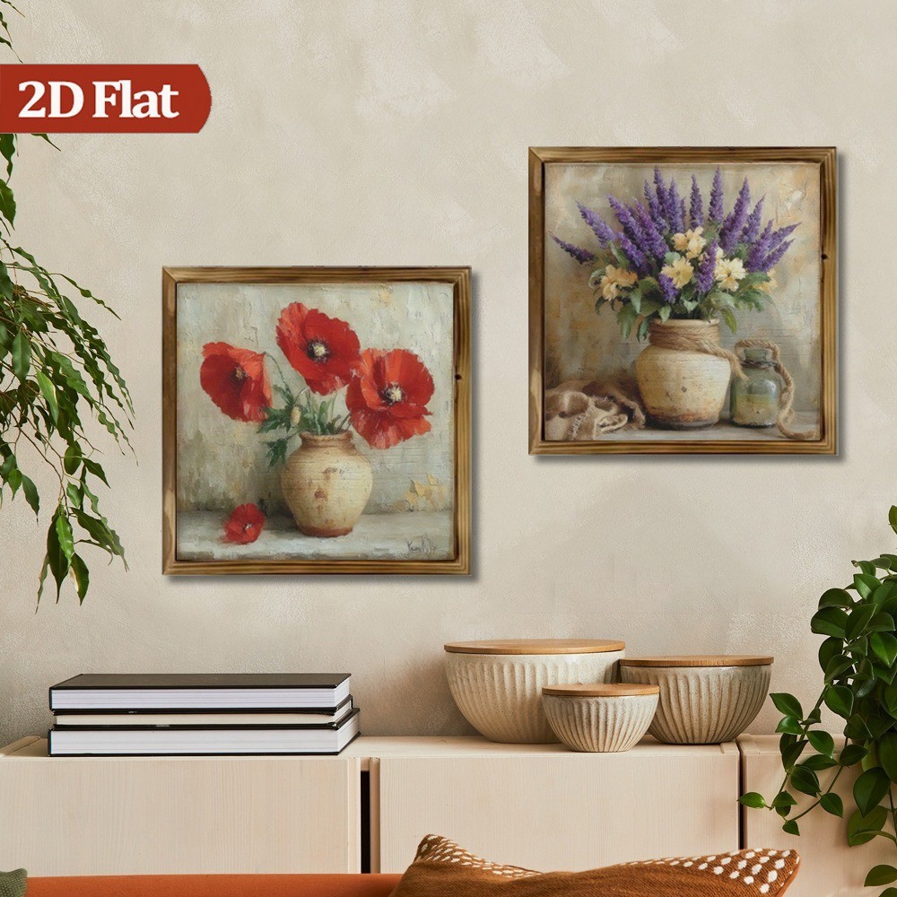2Pcs Red Poppy Lavender Still Life Wooden Sign French Farmhouse Floral Decor