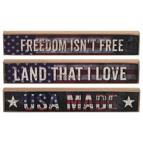 New PRIMITIVE PATRIOTIC Signs Stick 3 pc 6″ W 1″ H Wood Painted Distressed MINI