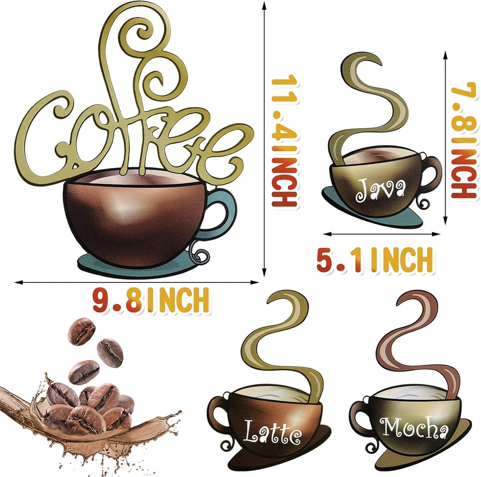 4 Pcs Metal Coffee Cup Wall Decor Wall Art For Coffee House Kitchen Restaurants