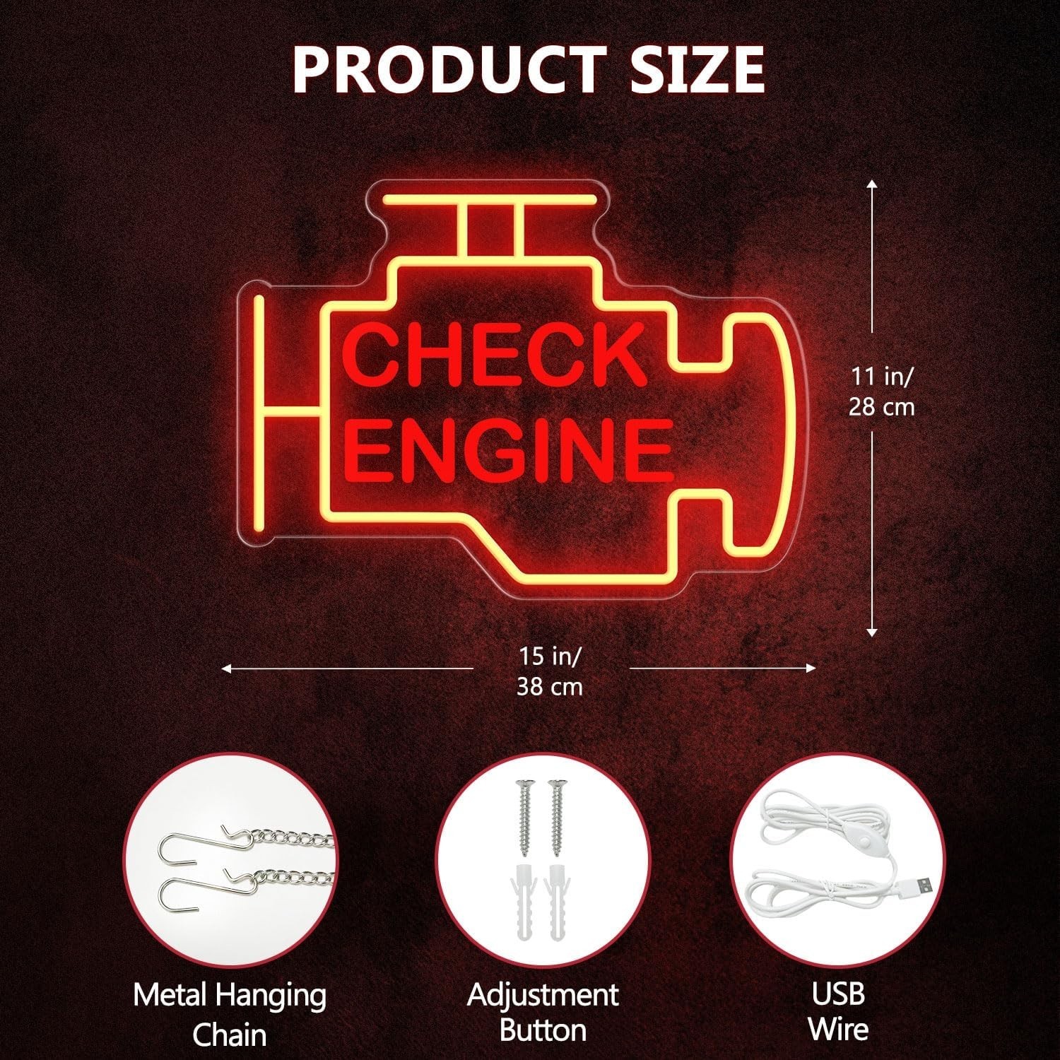 USB Powered 15x11in Check Engine Neon Light – Perfect Addition for Auto Shops