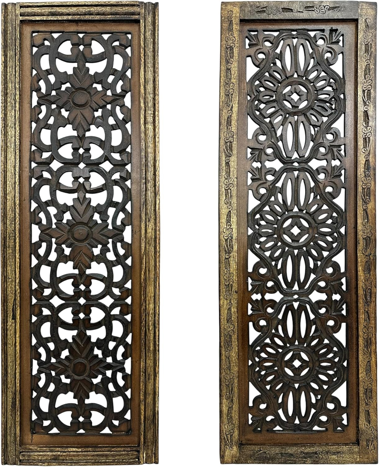 Floral Hand Carved Wooden Wall Panels Set of 2, Rustic Brown Decorative Wall Art