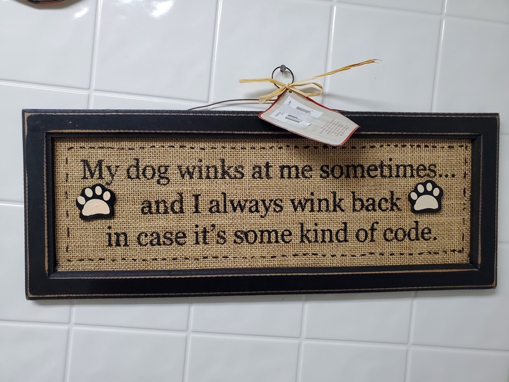 Framed Wood Hanging DOG SIGN “My Dog Winks … Some Kind of Code” 7×18 NWT!