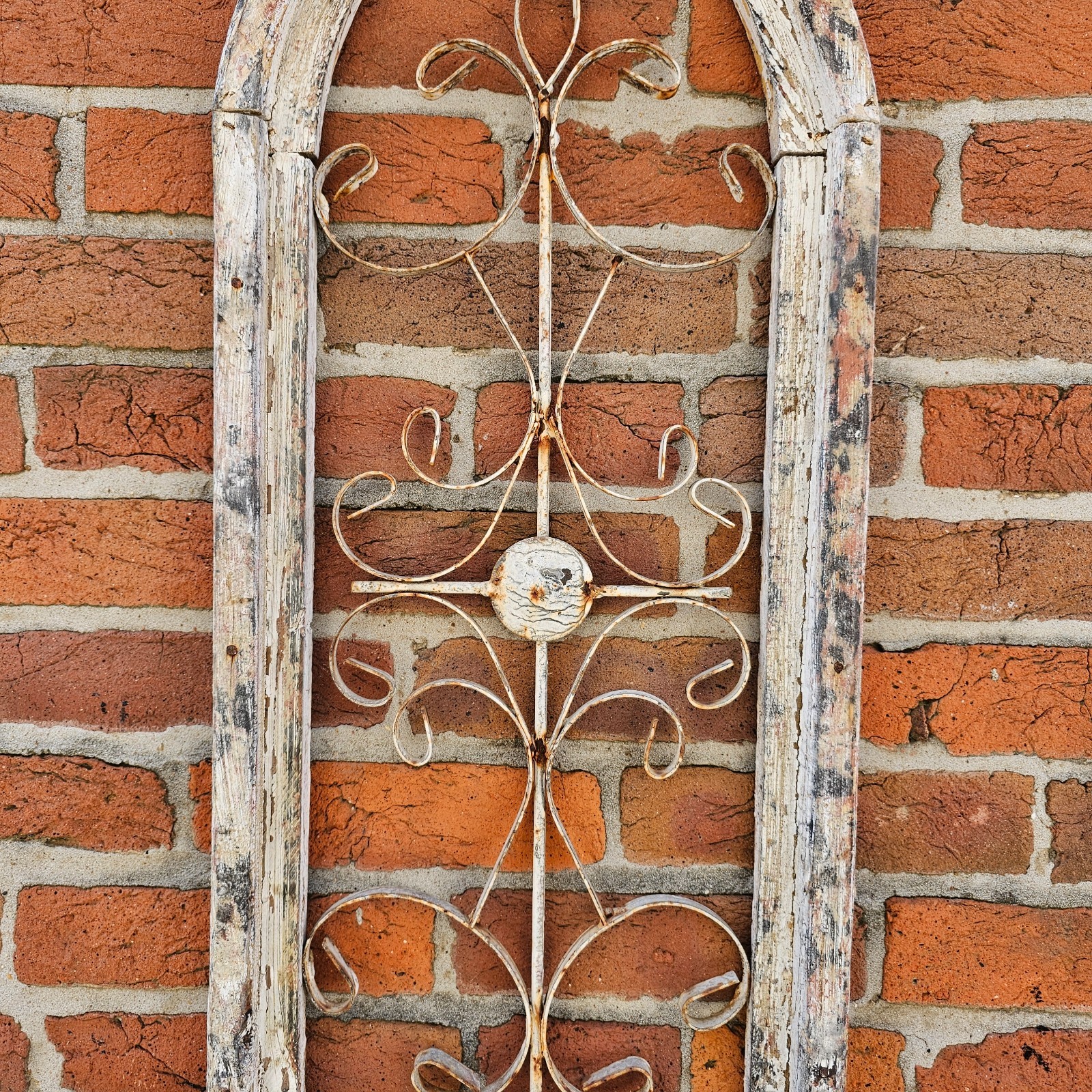 Vintage Rustic Wood Window Frame Wall Decor Arch Iron Scroll Farmhouse 29”