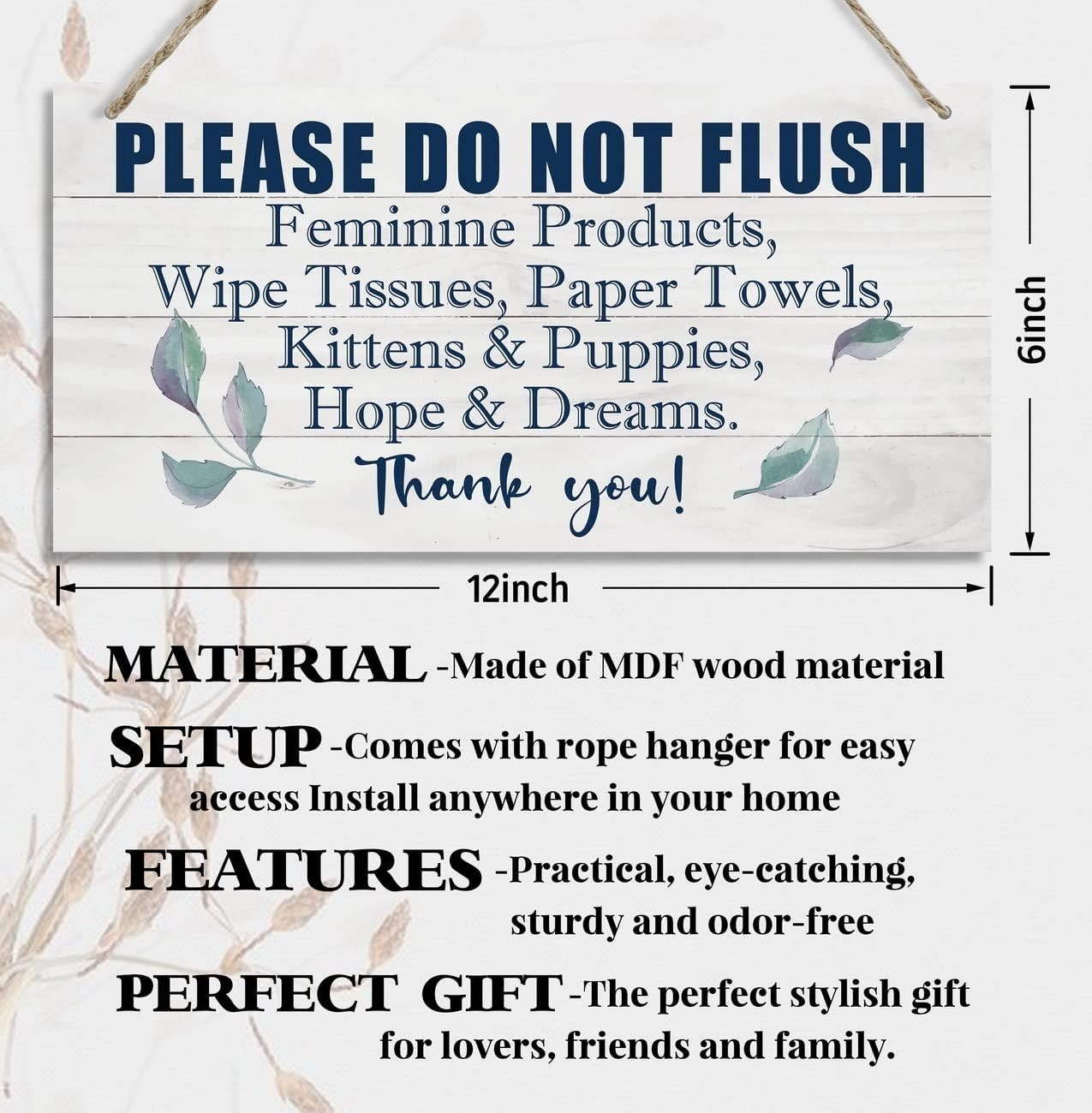 Charming 12×6 Wooden Bathroom Rules Sign – Please Do Not Flush Feminine Products