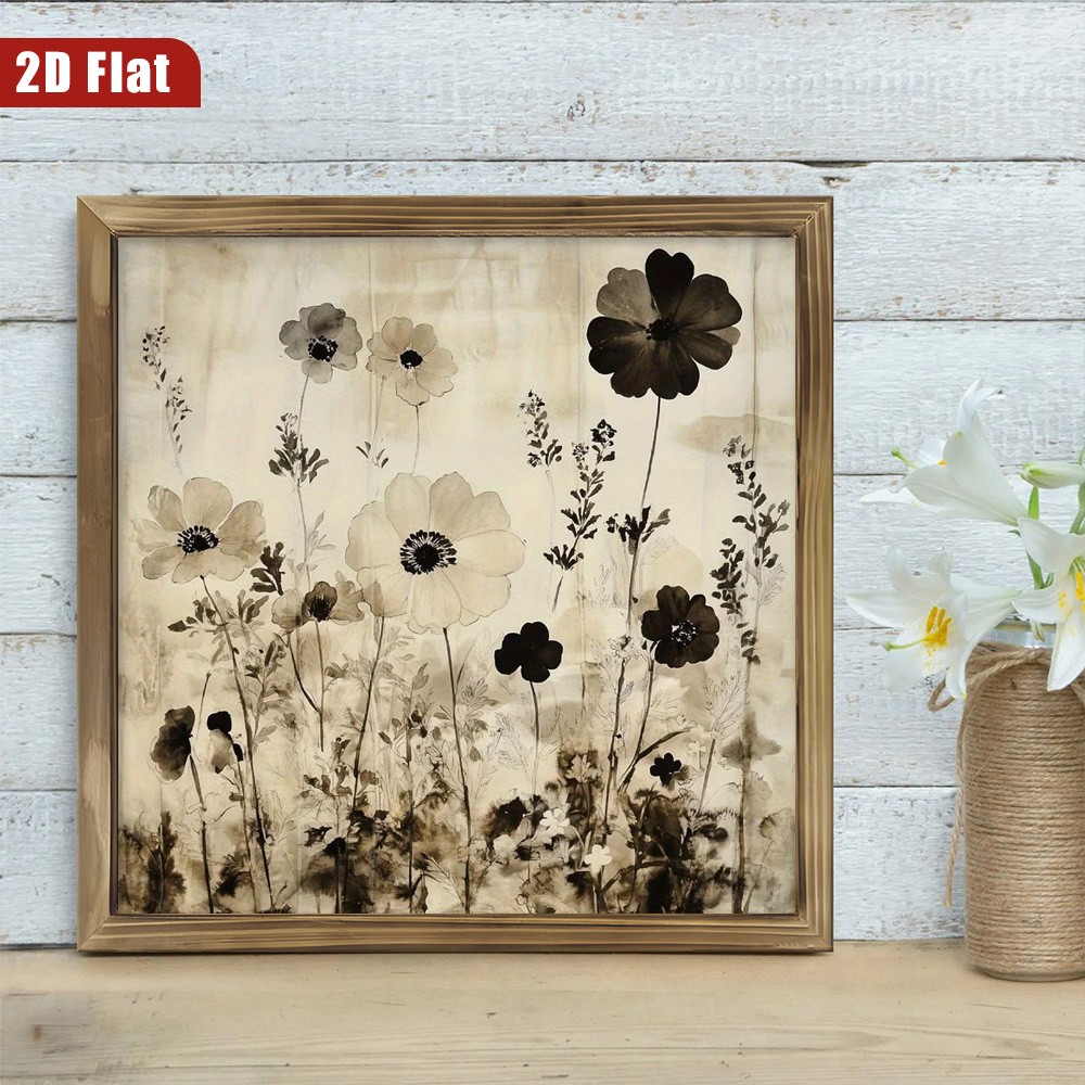 Neutral Ink Wildflower Wooden Plaque Farmhouse Living Room Wall Art Decoration