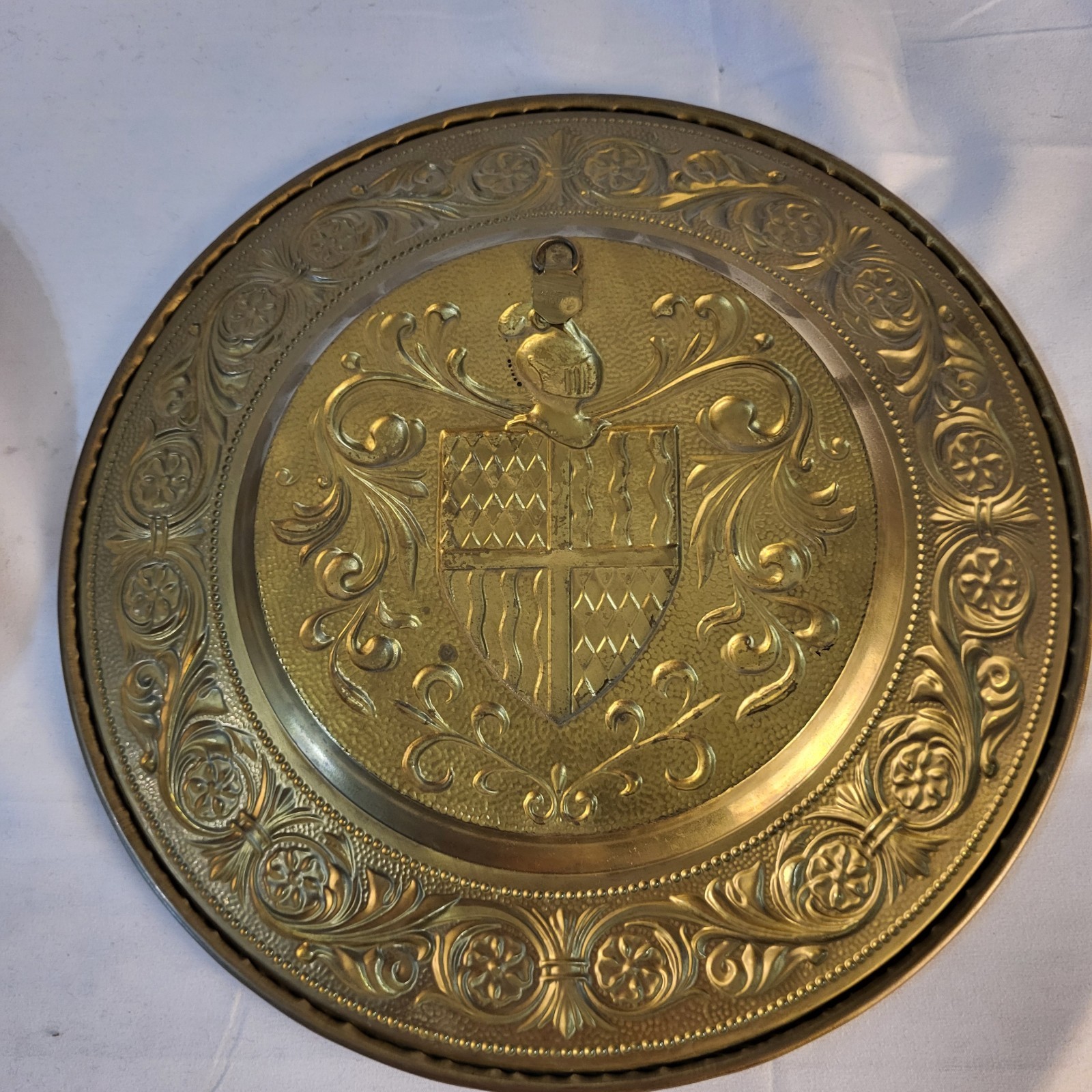 Vintage 12″ Pair of Embossed Brass Coat Of Arms Wall Plates Made in England