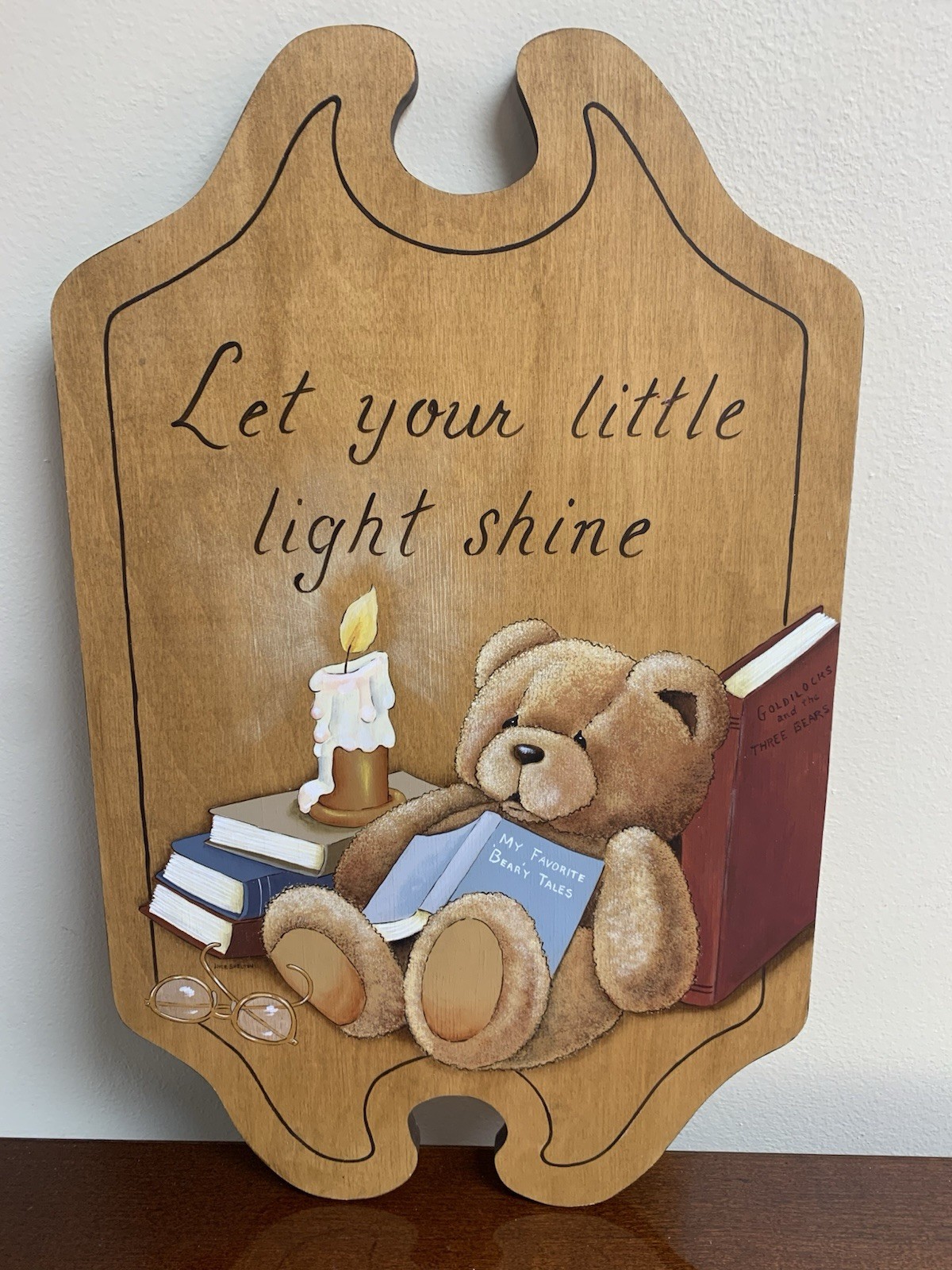Wood Hand Painted Teddy Bear Book Nook Reading Wall Library Plaque Joyce Shelton