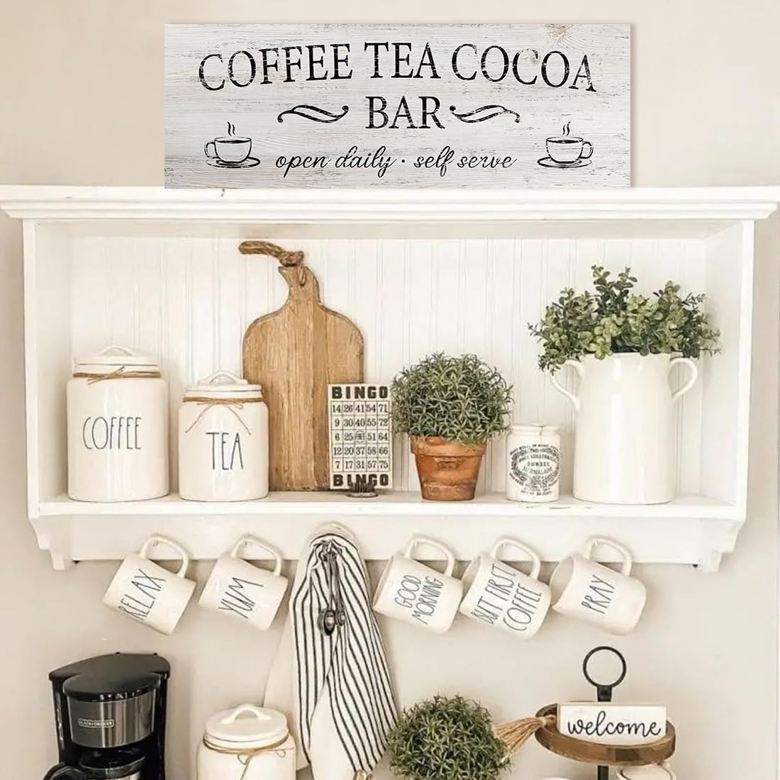 Coffee Tea Cocoa Bar Sign Decor Farmhouse Wall Plaque with Wood Grain Retro Cafe