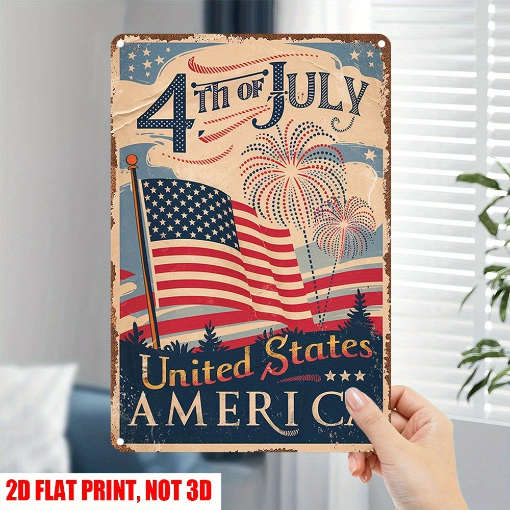 Vintage Tin Sign JULY 04 American Flag Patriotic Metal Sign Man Cave Wall Decor