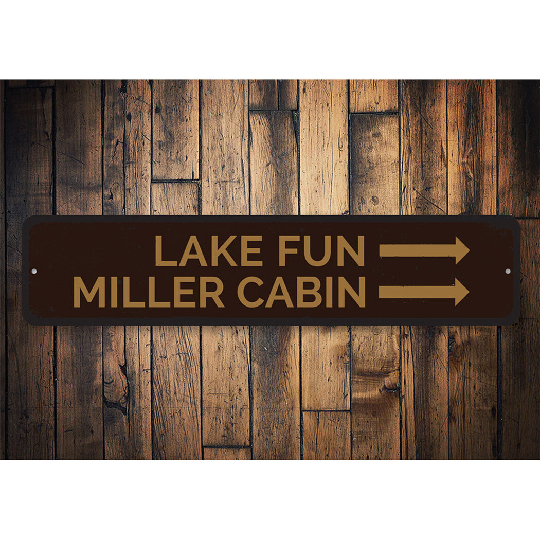 Lake Cabin Sign, Personalized Cabin Fun Directional Arrows Metal Decor Sign