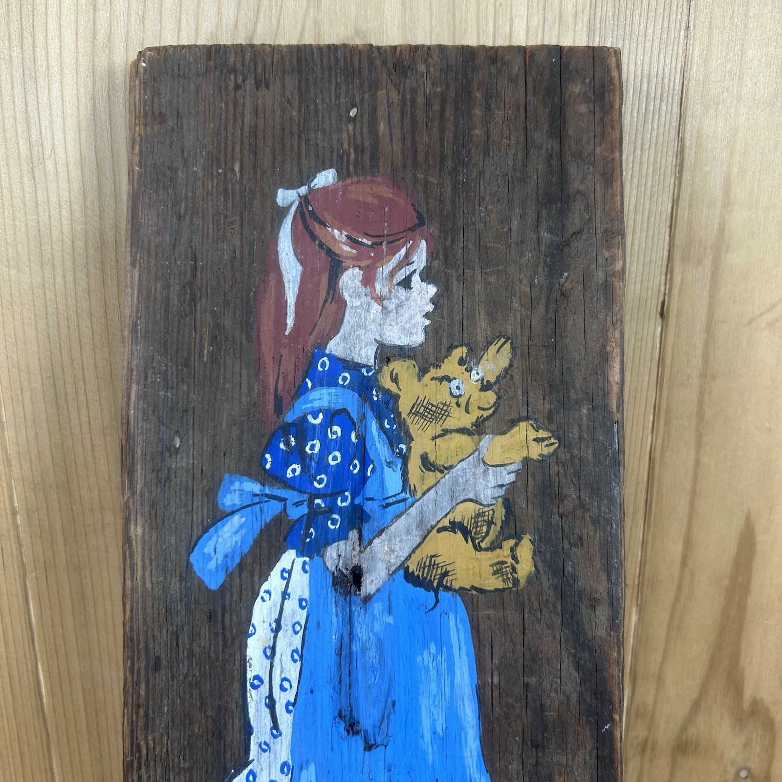 Vintage Barn Wood Art Hand Painted Girl With Teddy Bear 13×5 In