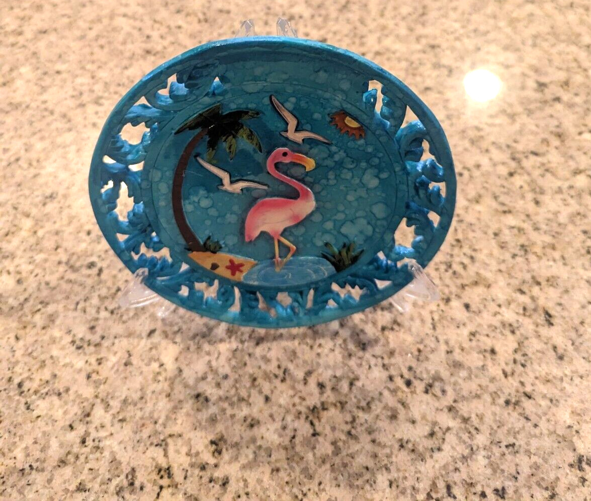 Pink Flamingo Plaque Sign 6 in Mistco beach birds blue + plastic holder
