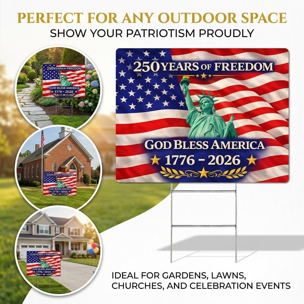 18X14 Inch Double Sided Patriotic Yard Sign with Metal Stake, God Bless America