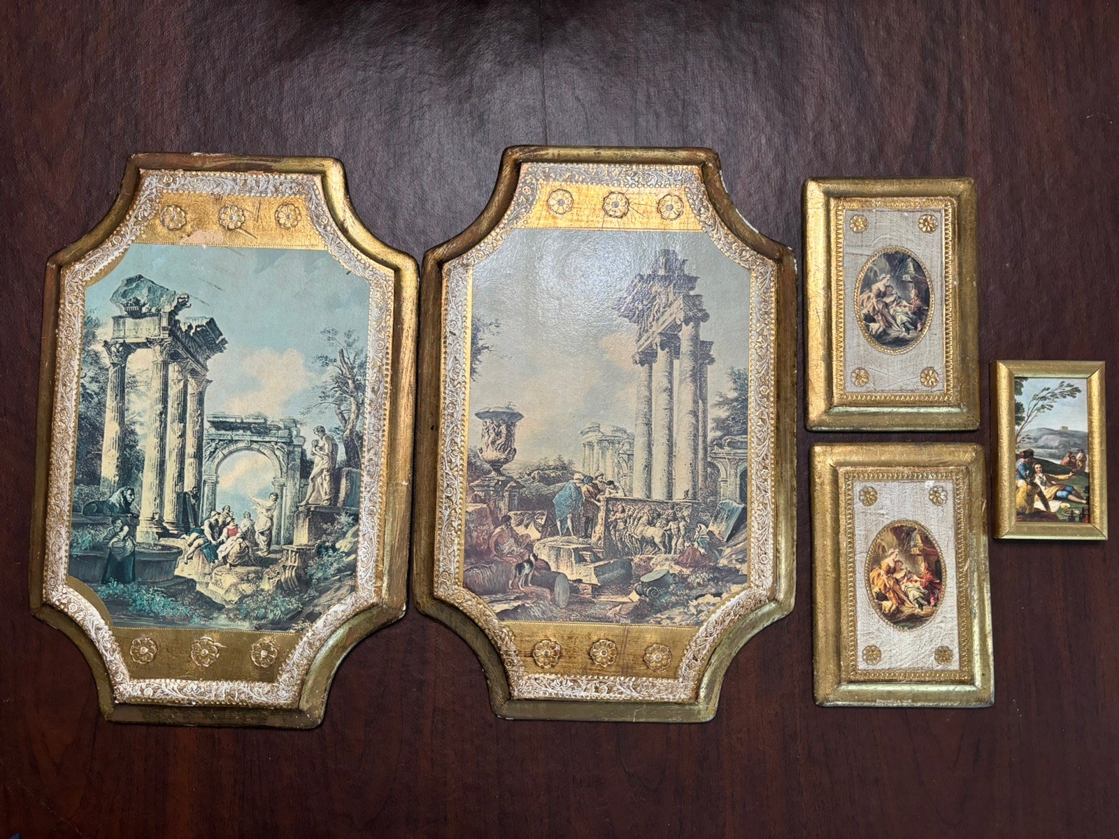 Vintage Lot of 4 Florentia Wooden Gilt Gold Plaques +1 Espana Wall Gold Plaque