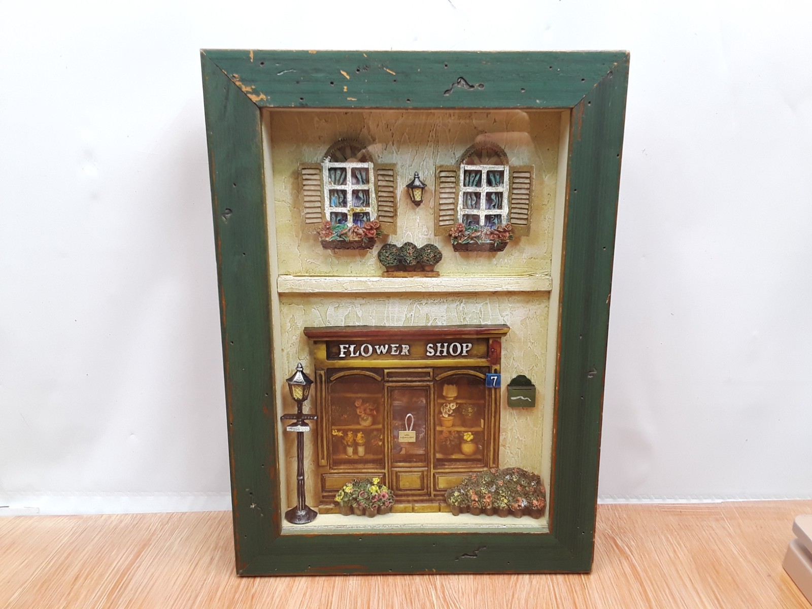 Vintage Flower Shop Shadow Box 3D Wood Glass Green Distressed Frame Wall Hanging