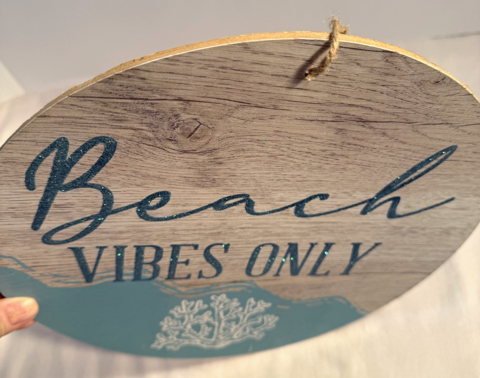New 12” Beach Vibes Only Teal Blue Glitter Letters Woodgrain Round Hanging Sign