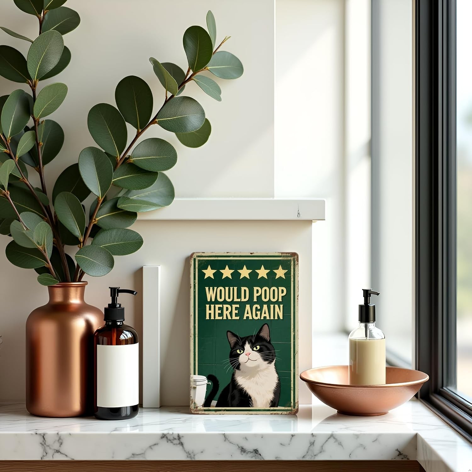 Would Poop Here Again Cat Metal Tin Sign 8×12 Funny Bathroom Wall Decor Gift