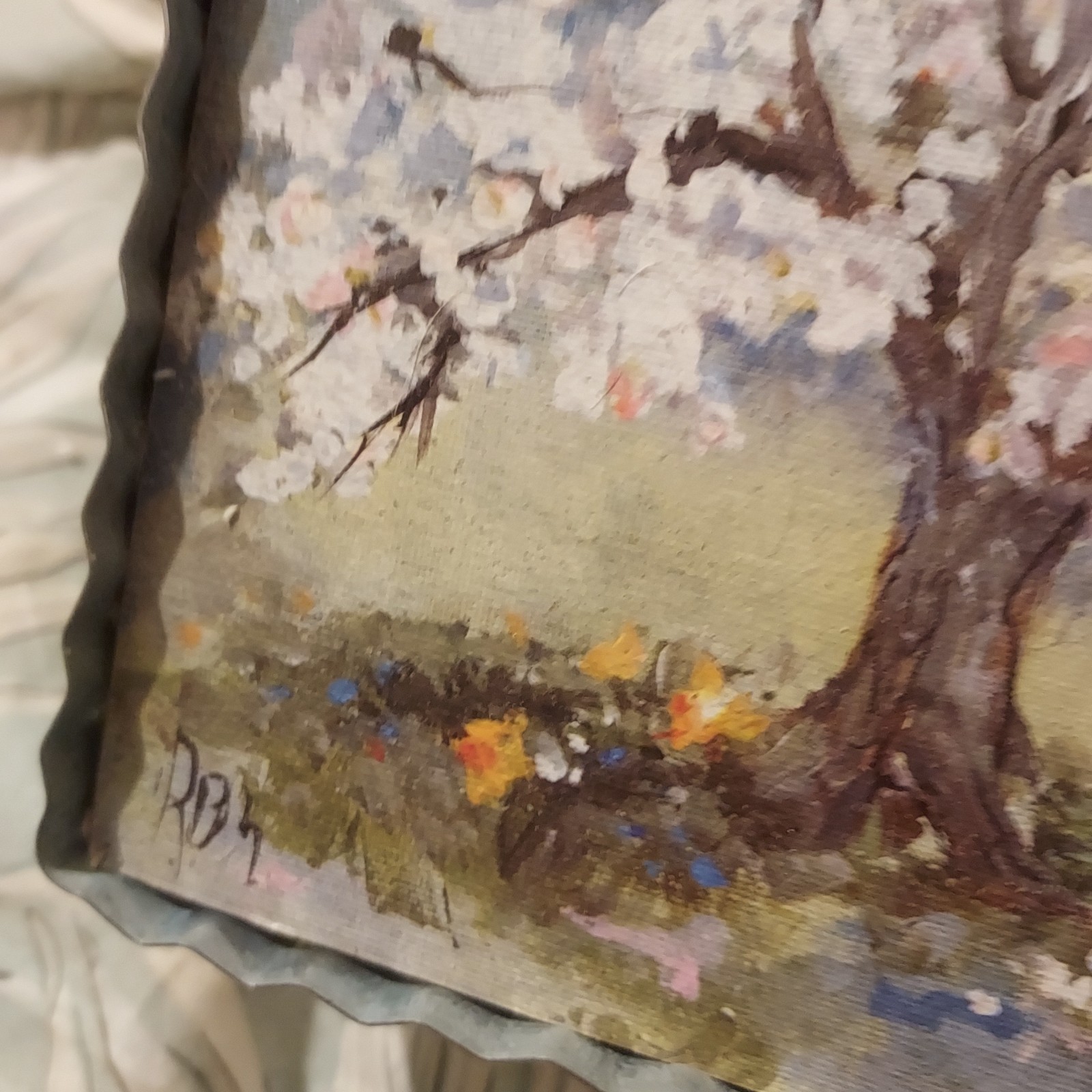 Cardinal Cherry Blossom Tree Print, Crimped Rustic Vtg Style Tin Frame 6 Inch