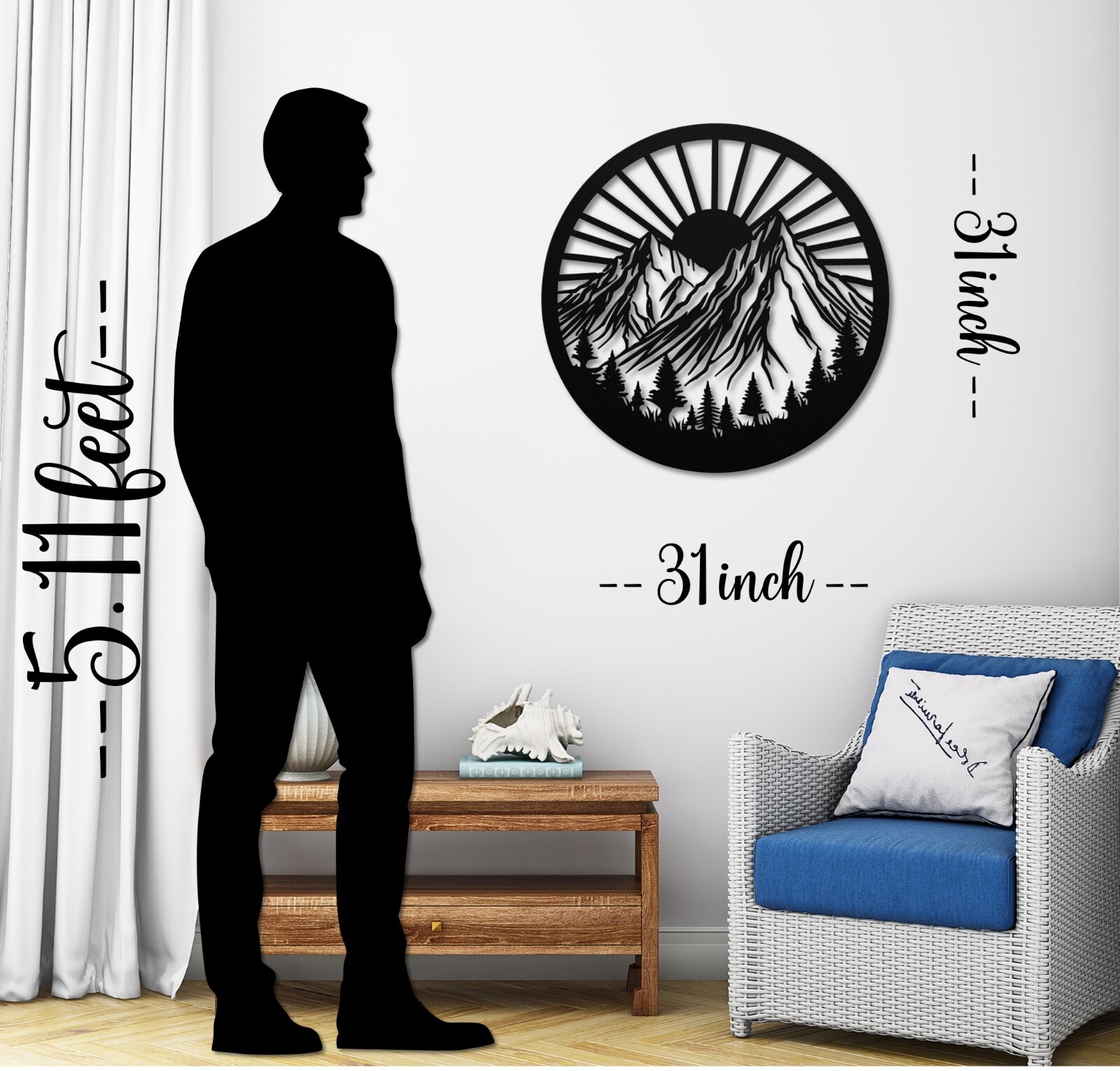 Mountain Metal Wall Art – 31″ Forest Decor, Black Outdoor Artwork, Nature Scene