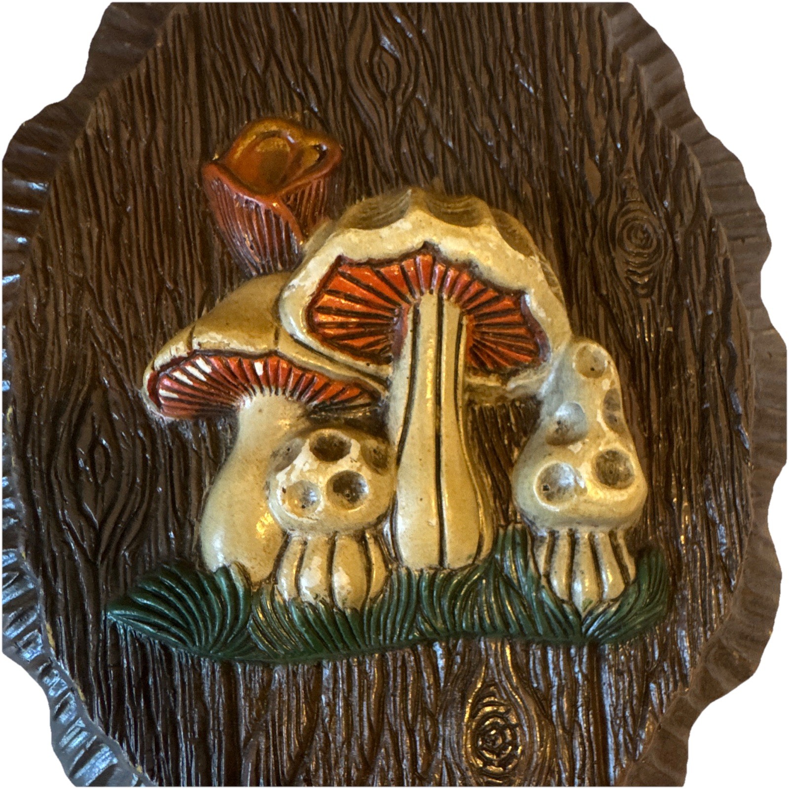 Set of 2 vintage 3D Mushroom Oval Wall Plaques Painted Wood Grain Hanging 70s