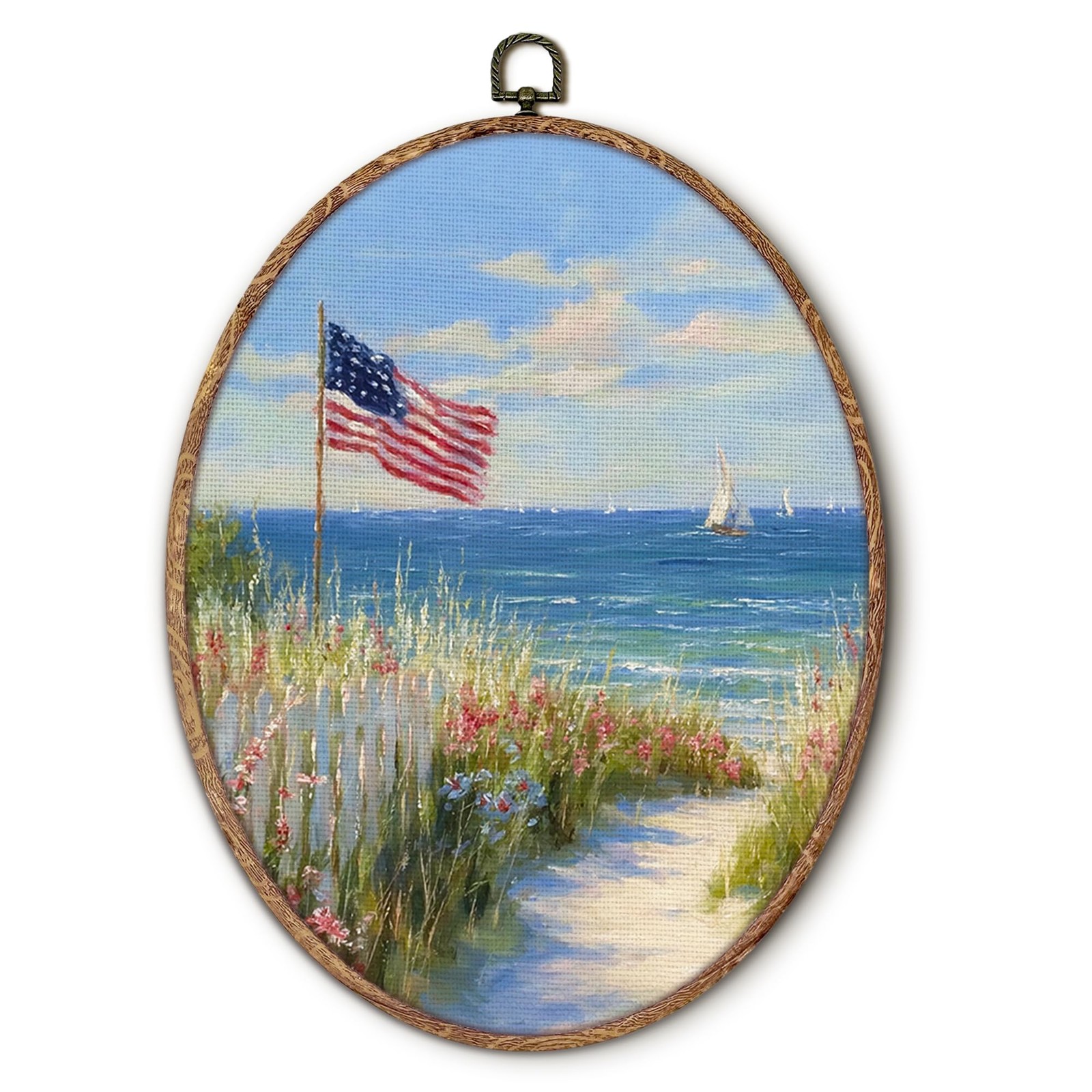 Coastal Beach American Flag Oval Wall Art Framed, 4th of July Patriotic Oval …