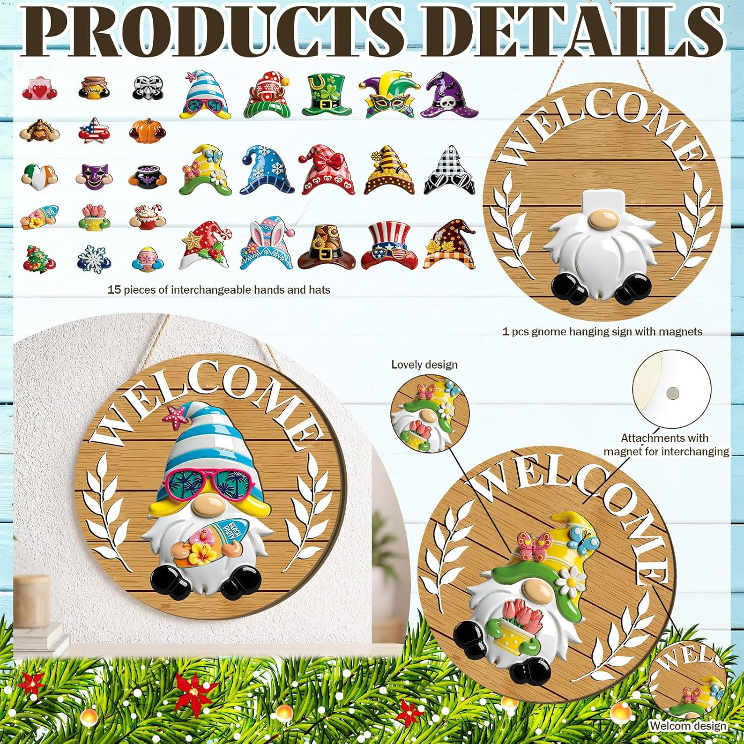 3D Wood Grain Seasonal Interchangeable Wooden Gnome Decor Summer Christmas in Ju