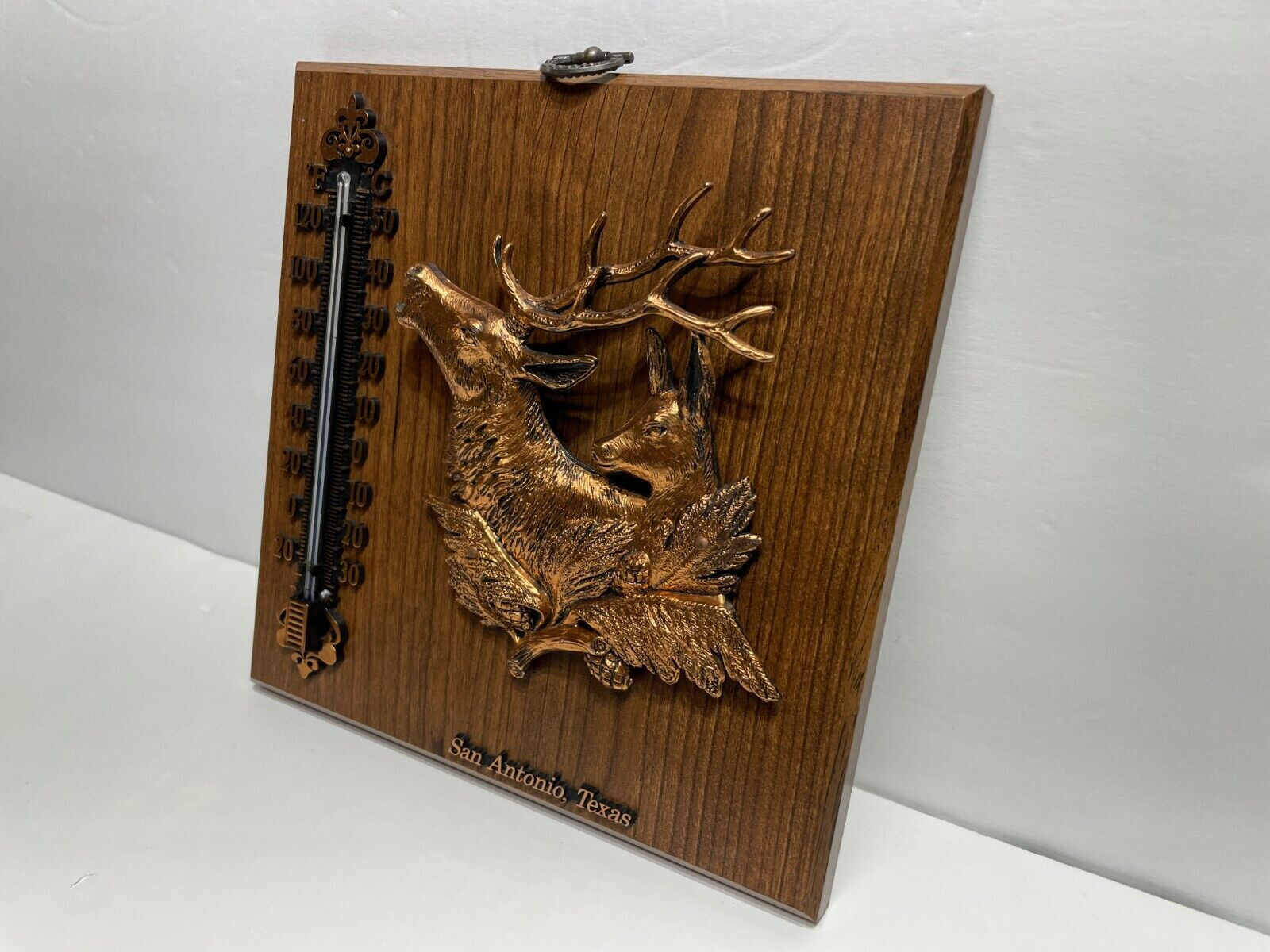 San Antonio TEXAS Wood WALL PLAQUE THERMOMETER Copper Color Deer Buck Lone Star