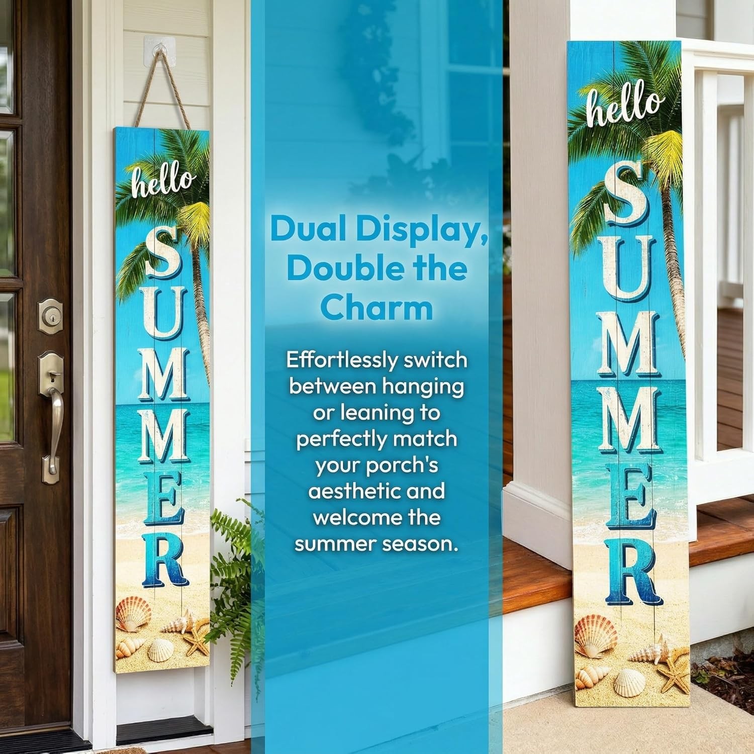 Vertical Wooden Hello Summer Porch Sign,Rustic Summer Porch Standing Sign,Beach