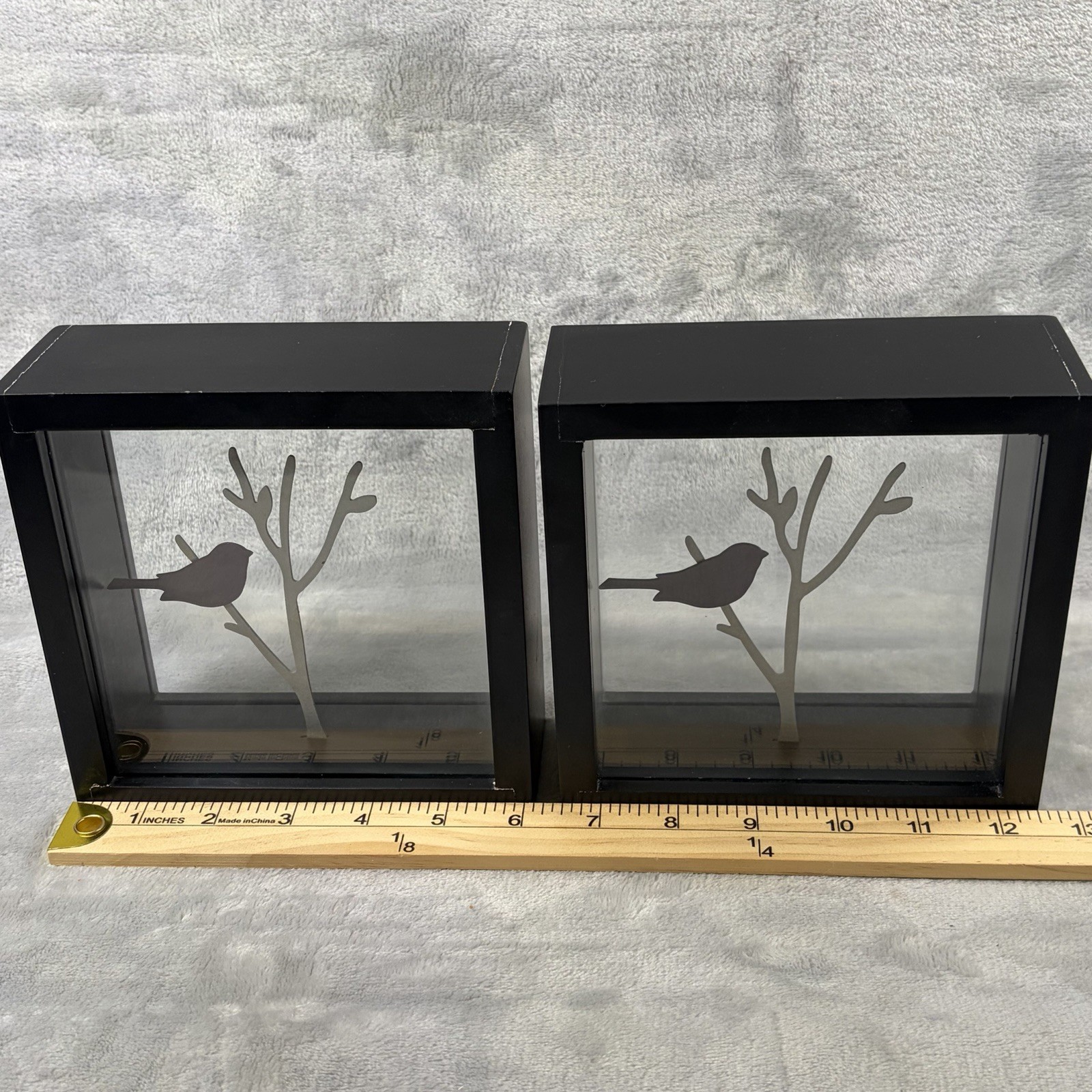 Bird Silhouette Shadow Box Decor Set of 3 Black Frame Glass Branch Modern
