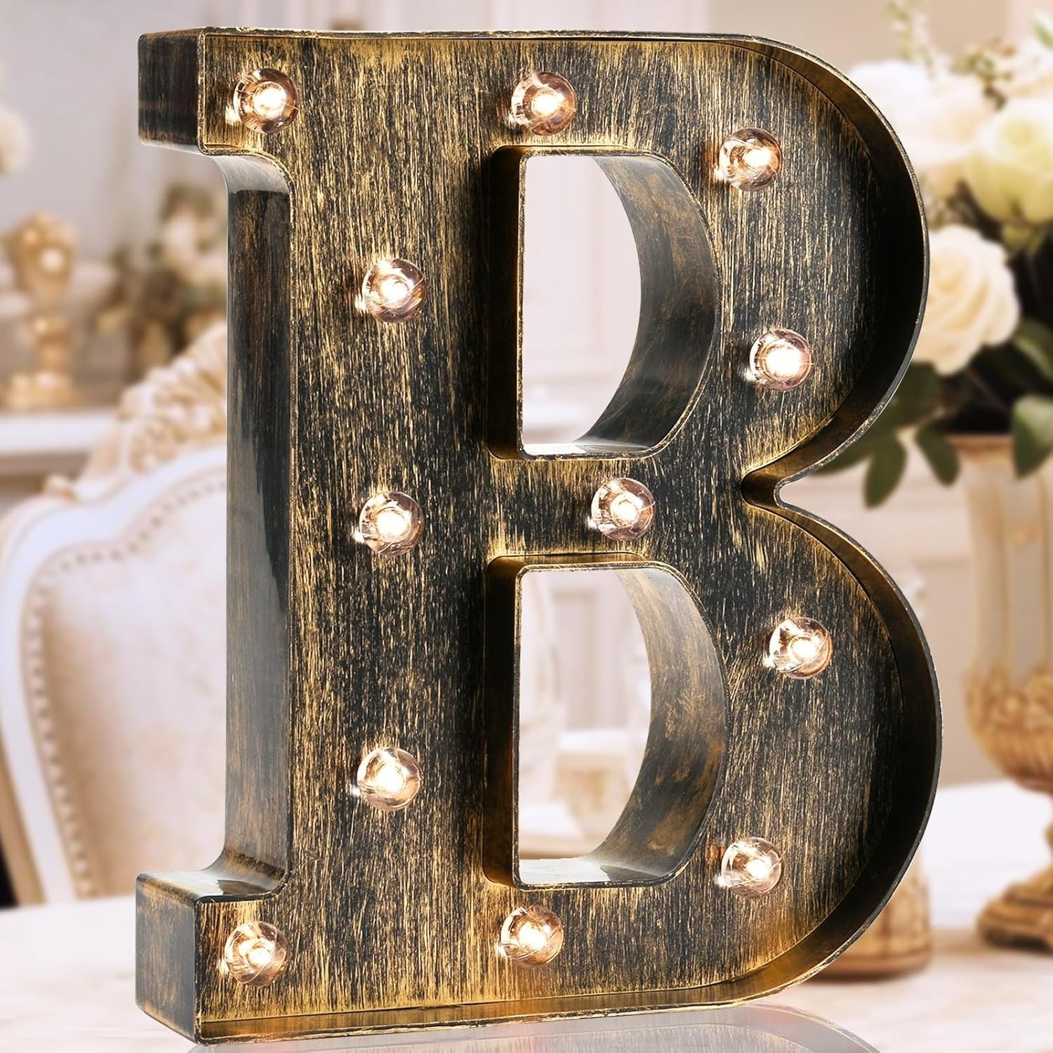 Golden Black LED Marquee Letter ‘B’ – Vintage Industrial Light for Events