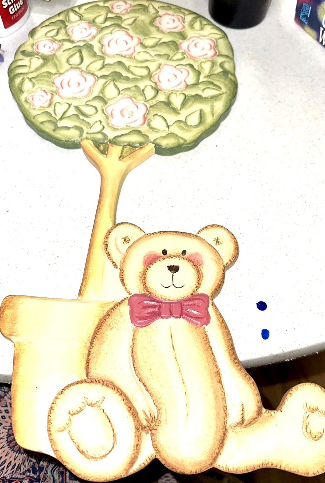 VTG Home Interiors Kids Wall Hanging Decor Teddy Bear Pink Bow Under Flower Tree