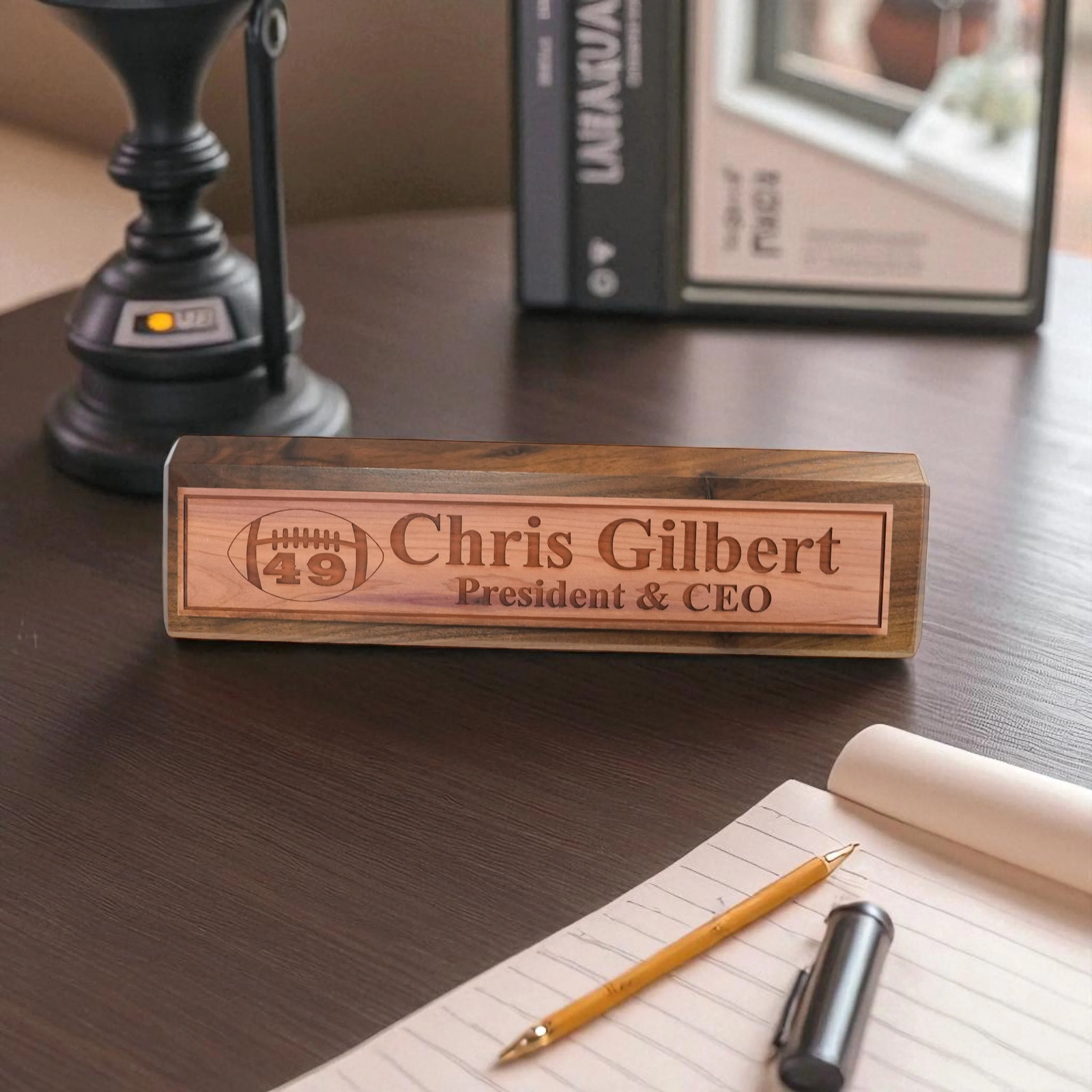 Desk Wedge Name Plate – PERSONALIZED – Football – WITH YOUR NUMBER – 11 Inches
