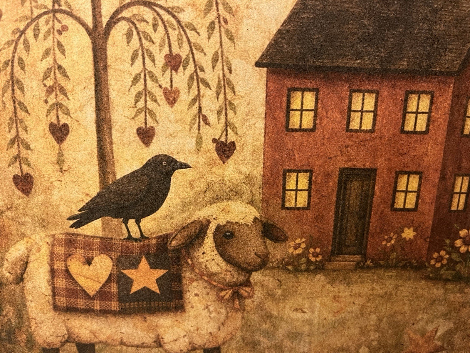 Saltbox House, Sheep, Crow, Folk Art, Primitive Handcrafted Plaque / Sign